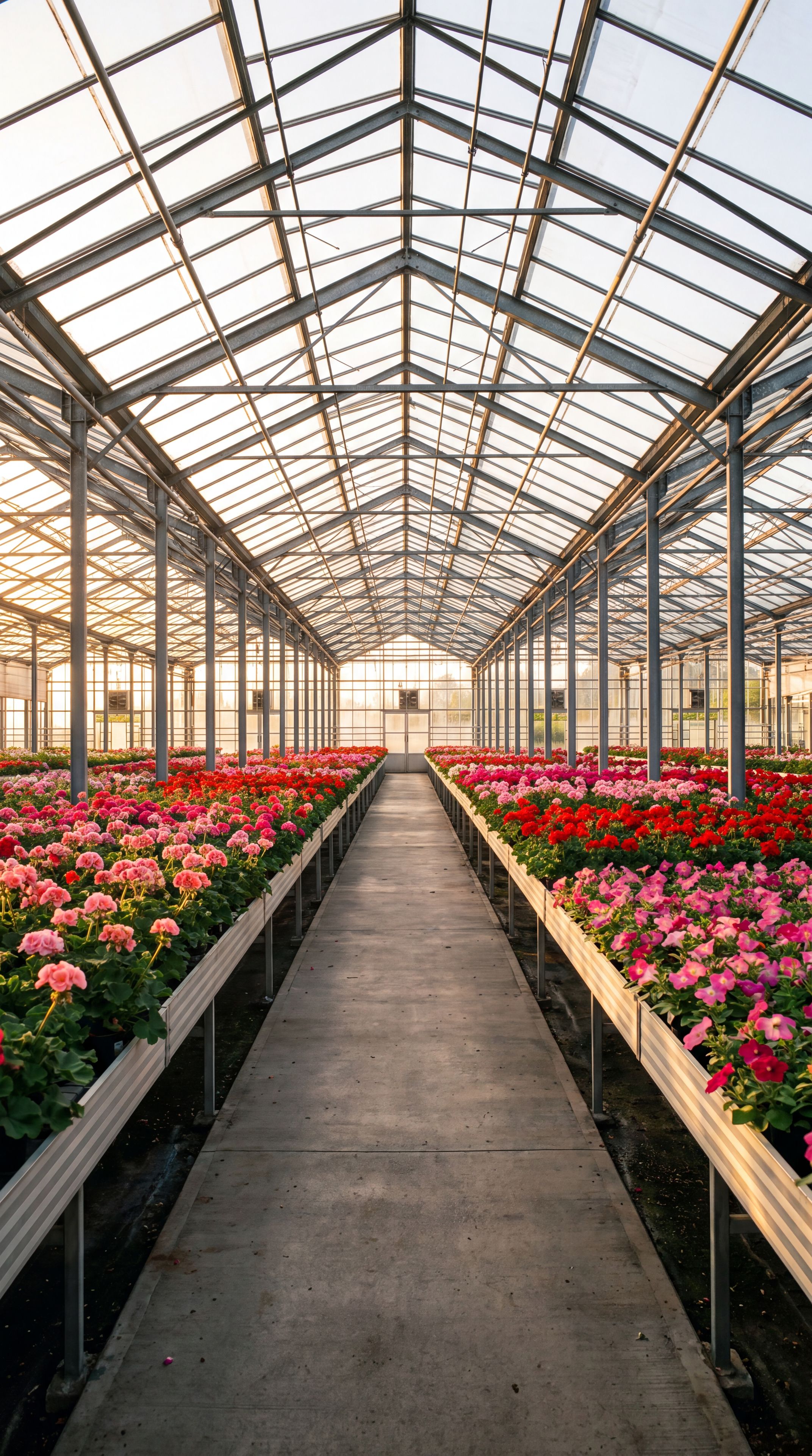 a greenhouse center aisle at golden hour, annuals on both sides