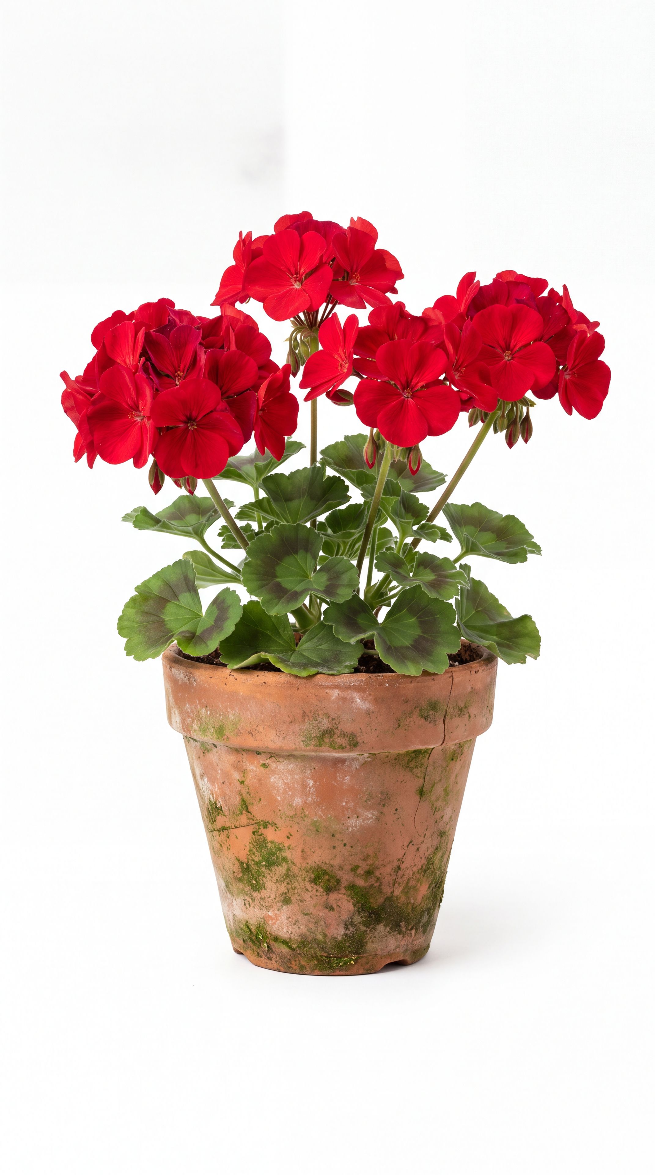 a red zonal geranium in a terracotta pot on a white studio background