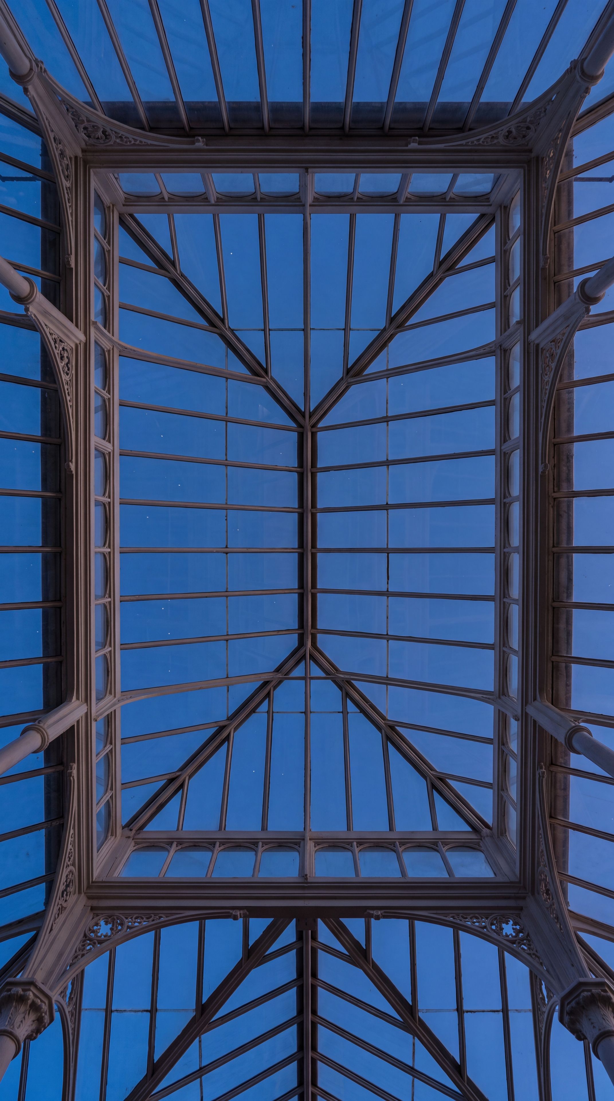 glasshouse roof from below at dusk