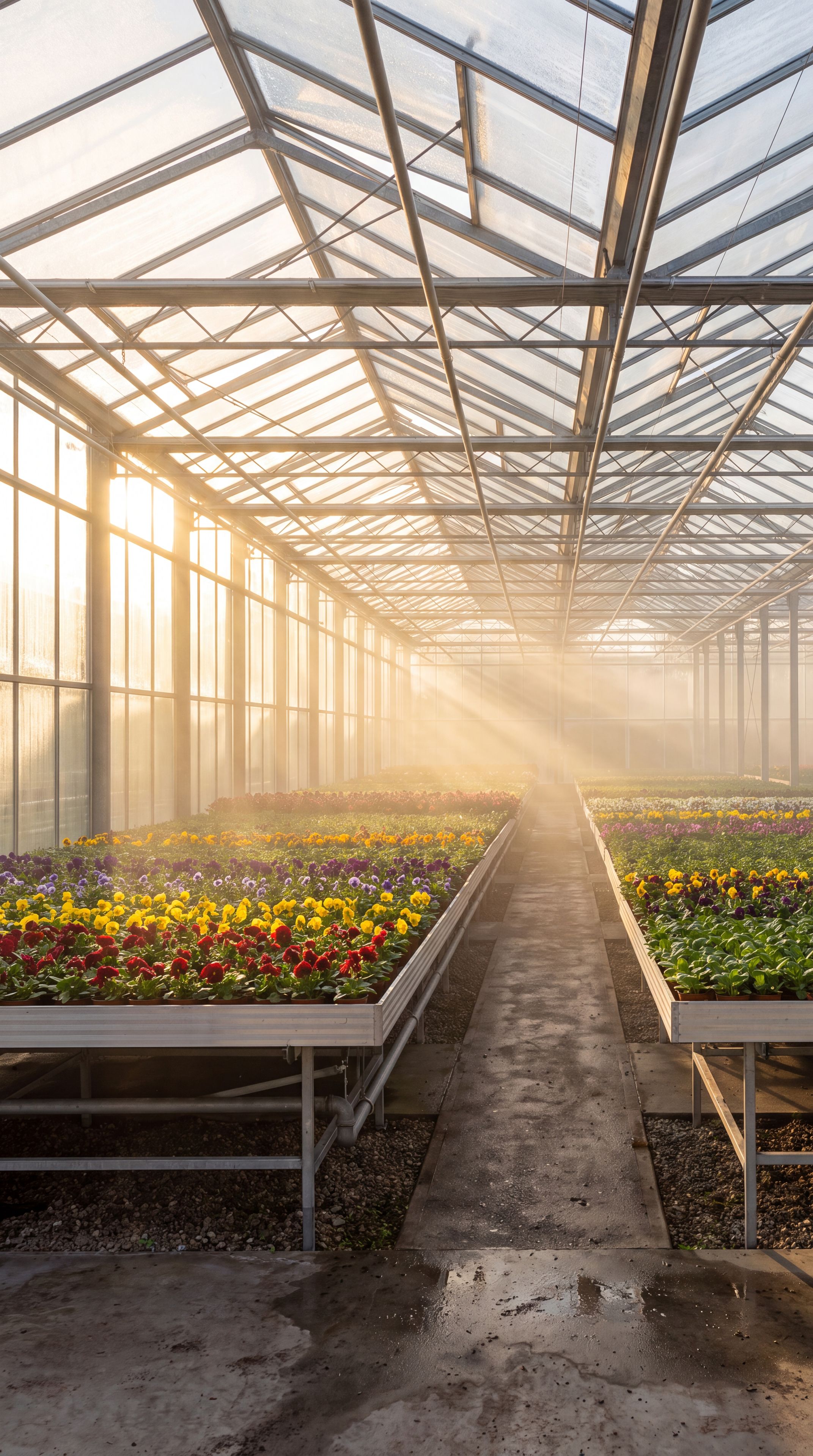 a commercial glasshouse interior at dawn, benches of bedding plants, sun through glass